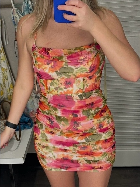 City Studio Dresses & Skirts - Floral Ruched Bodycon Mini Dress - Pink/Green